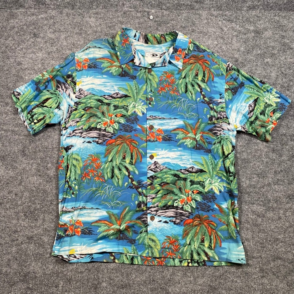 Vintage Good Vibes Hawaiian Shirt Mens L Blue Tropical Waterfall‎ Palm Tree USA